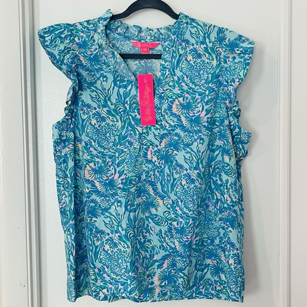 Lilly Pulitzer Klaudie Ruffle Sleeve Top Women XL Surf Blue/Coral of the Story